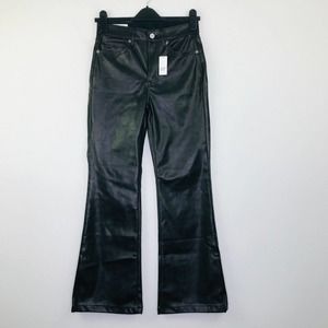 Gap Women's 26/2P Pants Black Solid Faux-Leather 70s Flare High Rise NWT G3